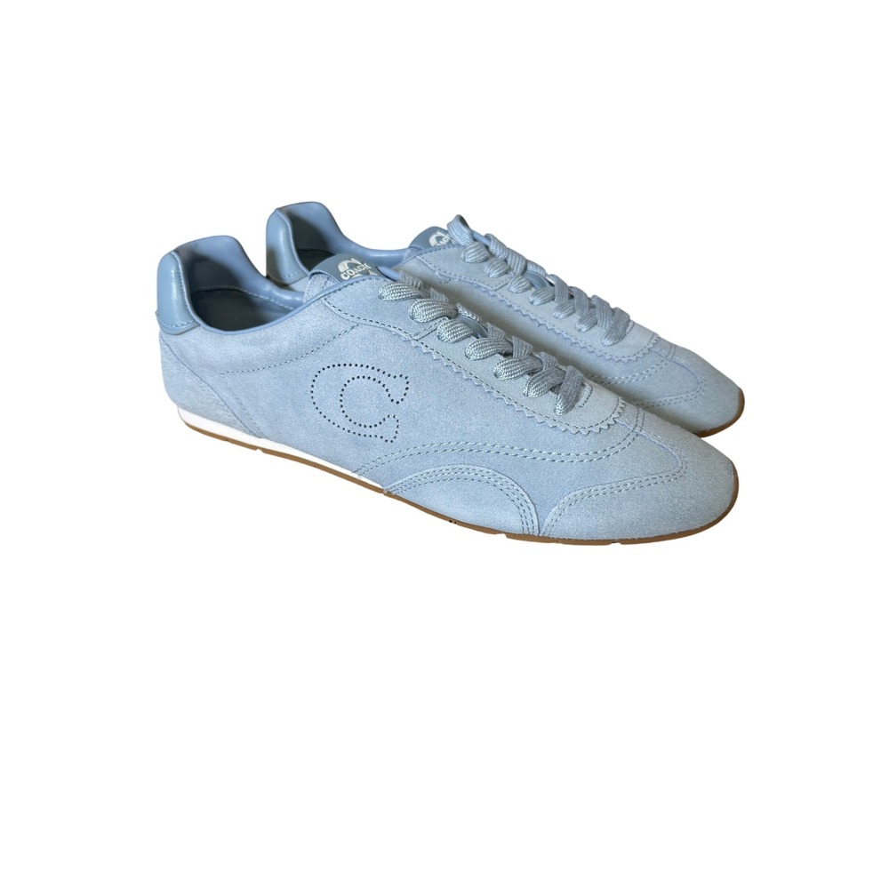 Coach Flat Sneaker 10 Bluebell Light Blue Suede Perforated Logo NIB